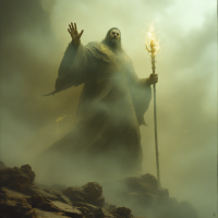 A wise figure stands amidst swirling fog, holding a glowing staff. This image embodies the quote about God conquering our will rather than catering to our desires.