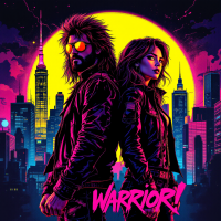 A vibrant illustration of a man and woman dressed in leather jackets, standing back-to-back against a neon city skyline, embodying bravery and passion for what they love. The word WARRIOR! prominently displayed.