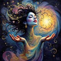 A woman with flowing hair and a serene expression holds her hands out, surrounded by swirling stars and cosmic colors, embodying the quote about making the most of what we have.