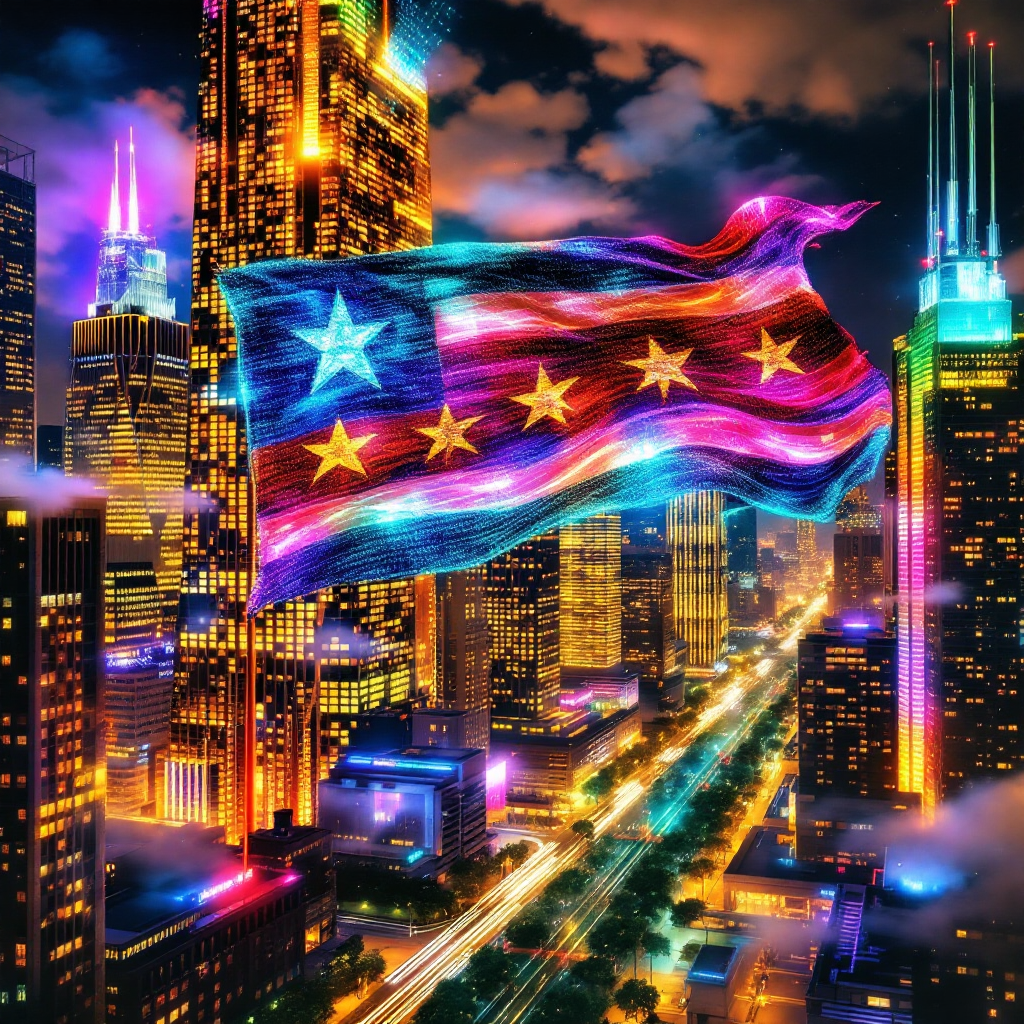 A vibrant cityscape of Chicago at night, illuminated skyscrapers touch the sky, with a colorful flag featuring stars and stripes waving amidst the glowing urban landscape, embodying the city's magic and resilience.