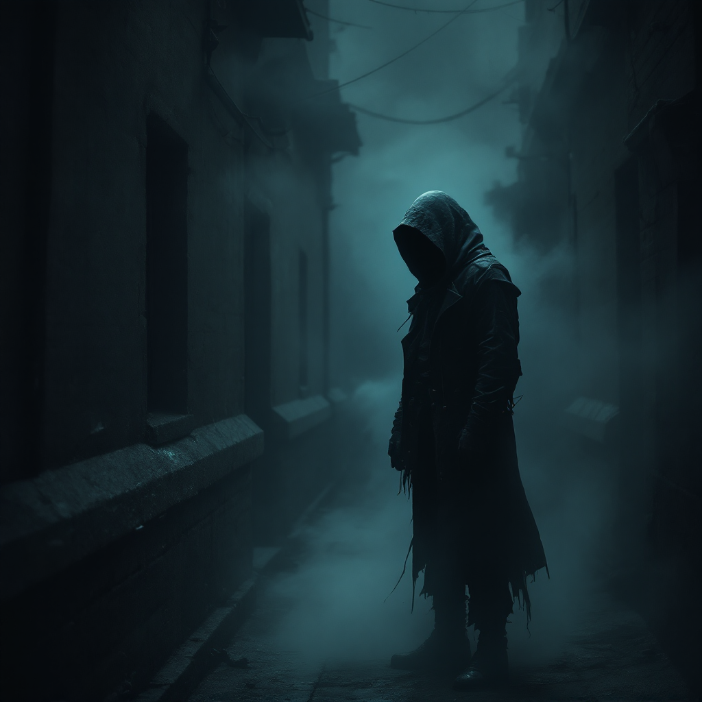 A cloaked figure stands alone in a foggy, shadowy alley, embodying the quote about vulnerability and the struggle between visibility and darkness.