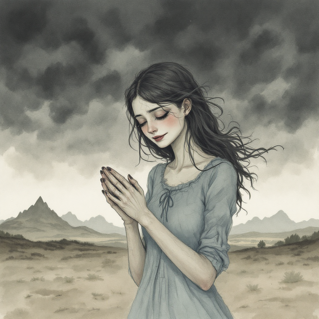 A girl in a blue dress stands in a desolate landscape, her hands clasped in contemplation, surrounded by dark, ominous clouds, reflecting the quote about life being a terrible joke.