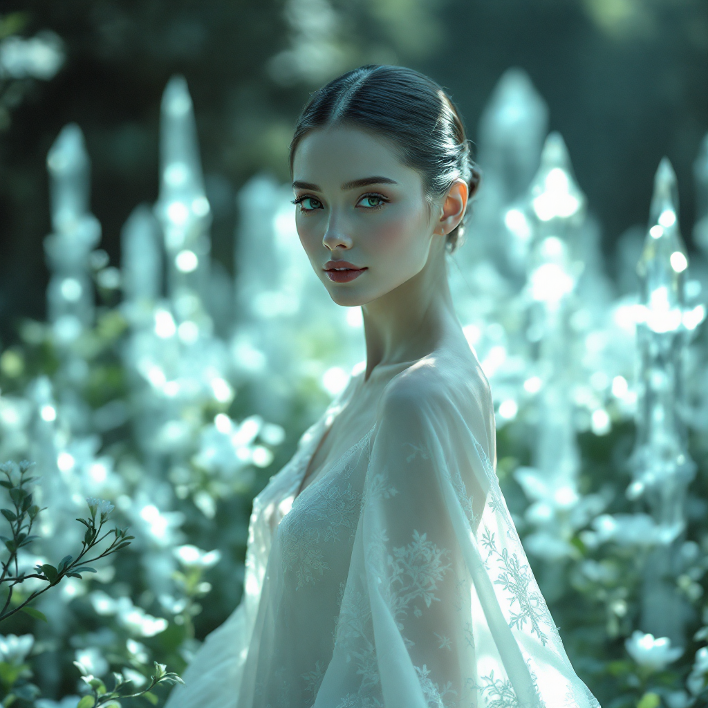 A serene woman with flowing hair gazes softly at the viewer, surrounded by ethereal greenery and shimmering crystals, embodying the essence of the quote, Life is not always what it seems.