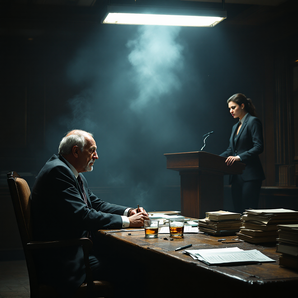 A dimly lit courtroom scene depicts a tense confrontation between a stern lawyer at a desk and a determined female lawyer at a podium, embodying the conflict between integrity and corruption.