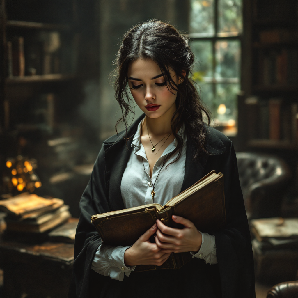 A young woman stands in a dimly lit library, holding an ancient book. She gazes thoughtfully, embodying a desire for freedom from her family’s expectations.