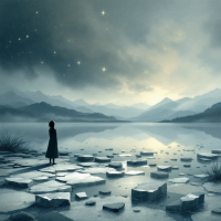 A solitary figure stands on icy rocks by a serene lake under a starry sky, capturing the bittersweet essence of ending an abusive relationship amidst lingering memories of good moments.