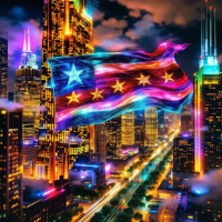 A vibrant cityscape of Chicago at night, illuminated skyscrapers touch the sky, with a colorful flag featuring stars and stripes waving amidst the glowing urban landscape, embodying the city's magic and resilience.