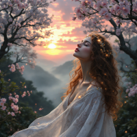 A woman in a flowing white gown sits serenely among blooming cherry blossom trees, bathed in the warm glow of a sunset, embodying the essence of new beginnings and cyclical beauty.