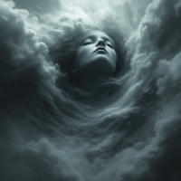 A serene, ethereal face is surrounded by swirling dark clouds, embodying the struggle of being trapped by fear, as reflected in the quote about the prison of fear.