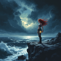 A figure with flowing red hair stands defiantly on a rocky ledge, gazing out at turbulent seas and dark clouds, embodying resilience against darkness and pain.