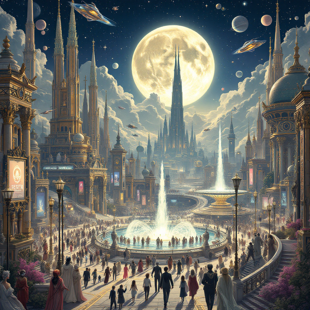 A vibrant, futuristic cityscape under a large moon, with ornate buildings, fountains, and a crowd of people gazing at the sky, capturing an optimistic vision of the future.