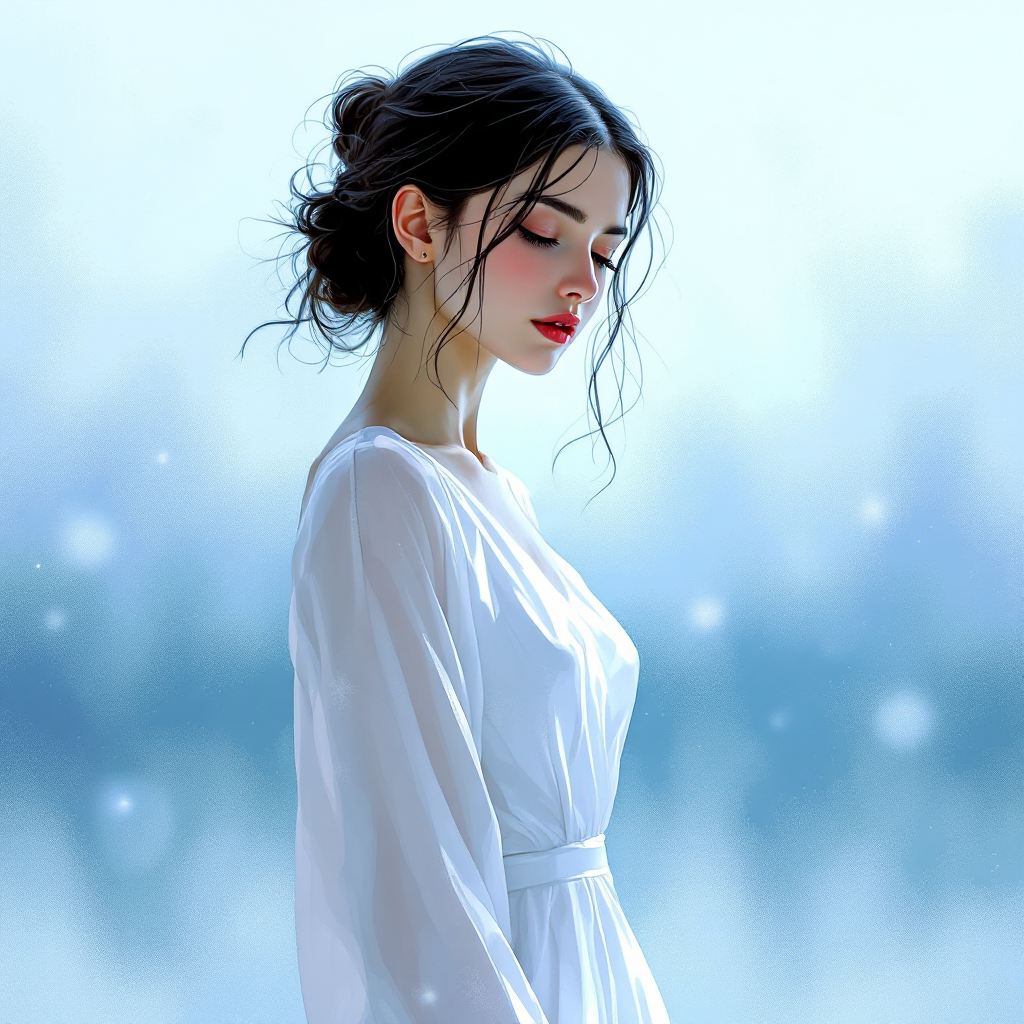 A woman in a flowing white dress stands contemplatively, her profile outlined against a soft, dreamy background, embodying the bravery and courage highlighted in the quote.