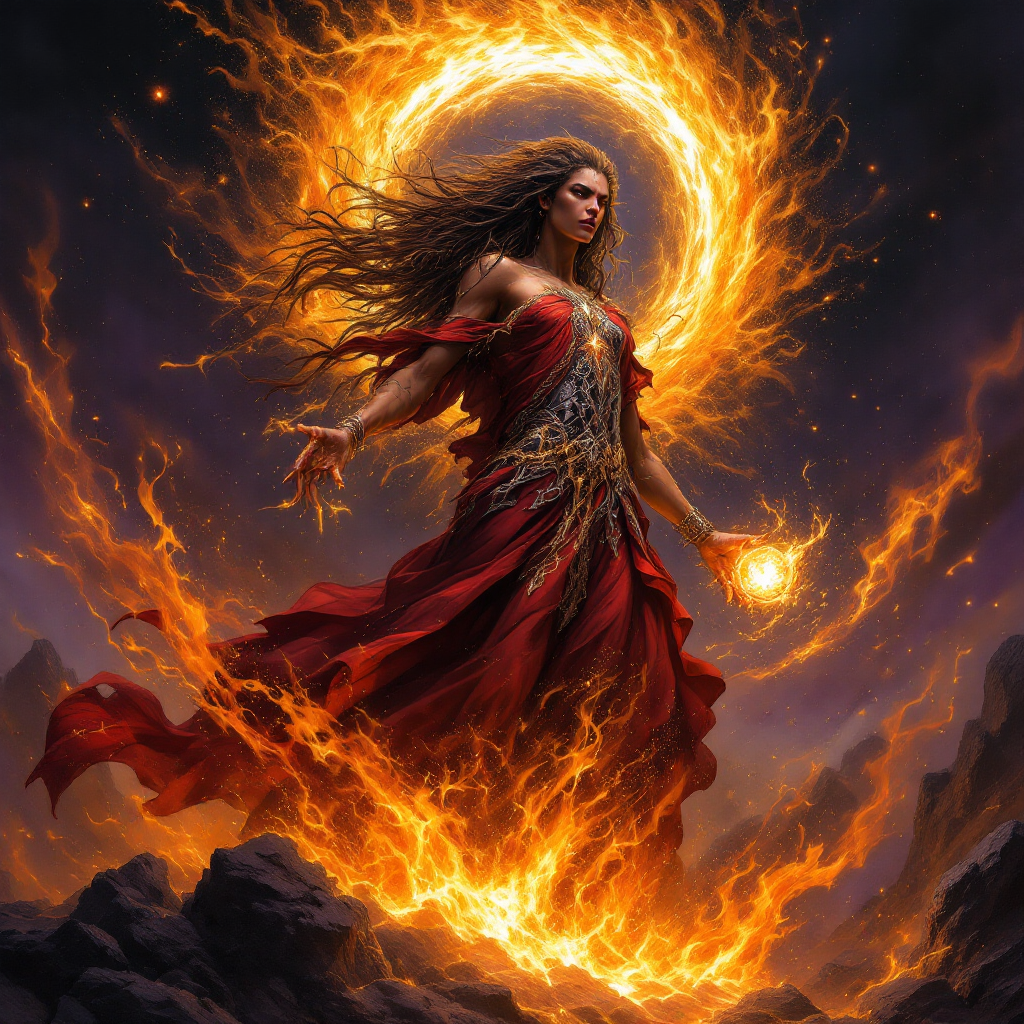 A powerful figure in a flowing red gown stands amidst swirling flames, embodying the quote, Destiny is forged in the fires of our choices, not handed down by fate.