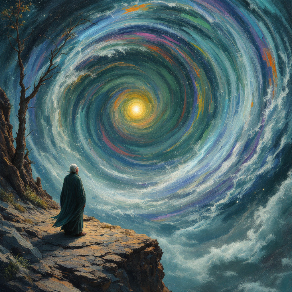 A figure in a dark cloak stands on a rocky ledge, gazing up at a swirling cosmos of vibrant colors, where a bright light at the center conveys a sense of wonder and contemplation.