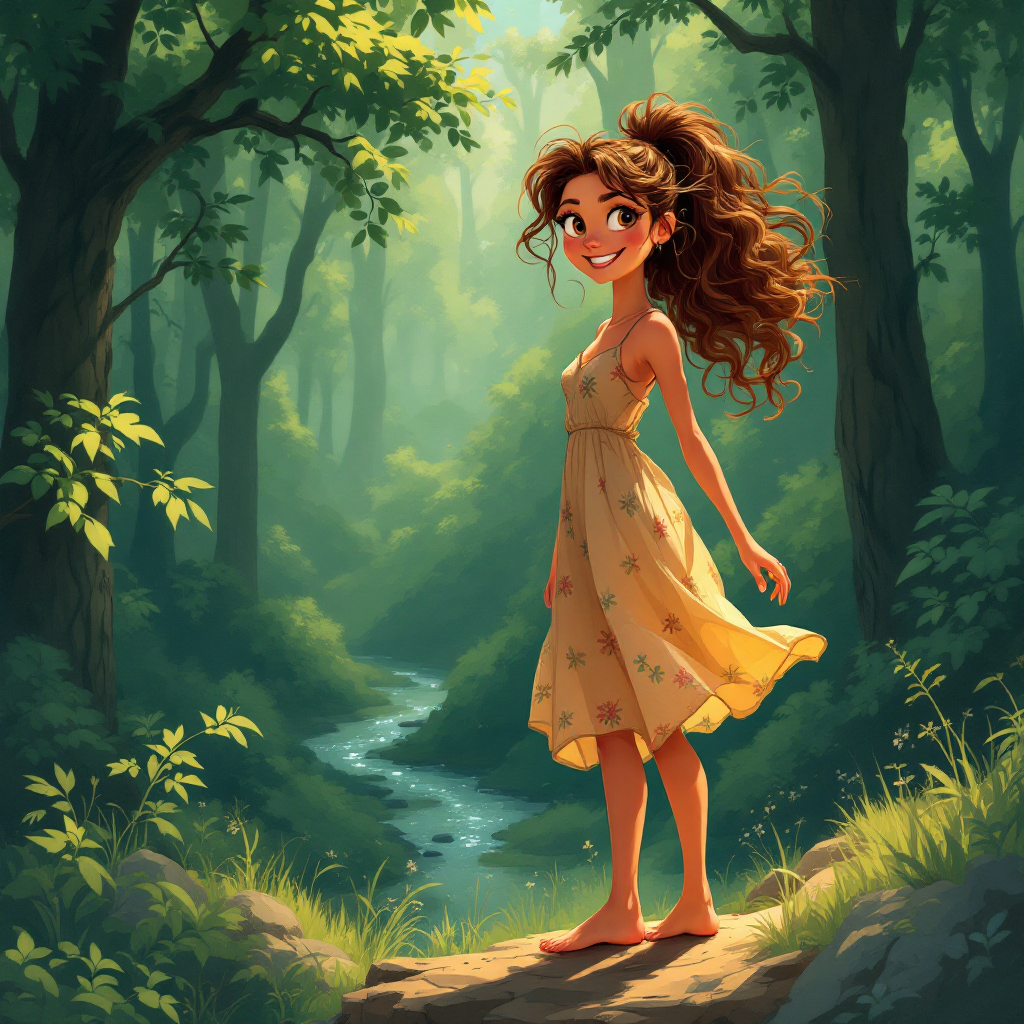 A young girl with flowing hair smiles joyfully in a sunlit forest, embodying the spirit of freedom and the untamed wildness within us all. A peaceful stream flows nearby.