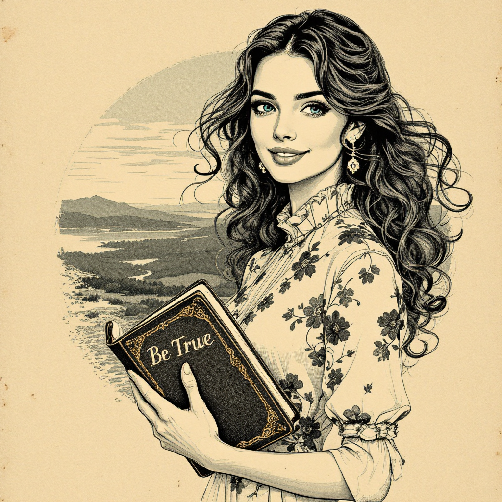 A woman with long, wavy hair smiles softly while holding a book titled Be True. She wears a floral dress, set against a serene landscape of mountains and water.