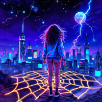 A figure stands on a glowing spiderweb overlooking a vibrant cityscape, with lightning illuminating the night sky, symbolizing the contrast of fear's invigorating and paralyzing effects.