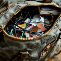 A close-up of an open bag filled with crumpled papers, coins, and assorted cables, reflecting the chaotic mystery of what’s in the bag.