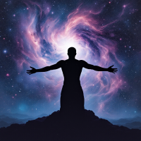 A silhouetted figure stands on a mountain, arms outstretched towards a vibrant cosmos, symbolizing humanity's resilience and capacity to transcend limits.