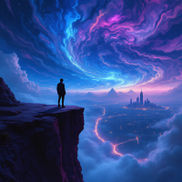 A figure stands on a cliff's edge, gazing at a vibrant, swirling sky in hues of blue and purple, with a distant city illuminated below, embodying the quote, You win or you die.