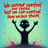 A silhouetted figure with raised arms stands before a colorful background, surrounded by splashes of paint. The text reads: We cannot control our fates, but we can control how we face them.