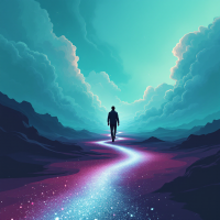 A figure walks along a glowing path through a surreal landscape of vibrant colors and clouds, evoking the idea of journeying into another's thoughts and experiences.