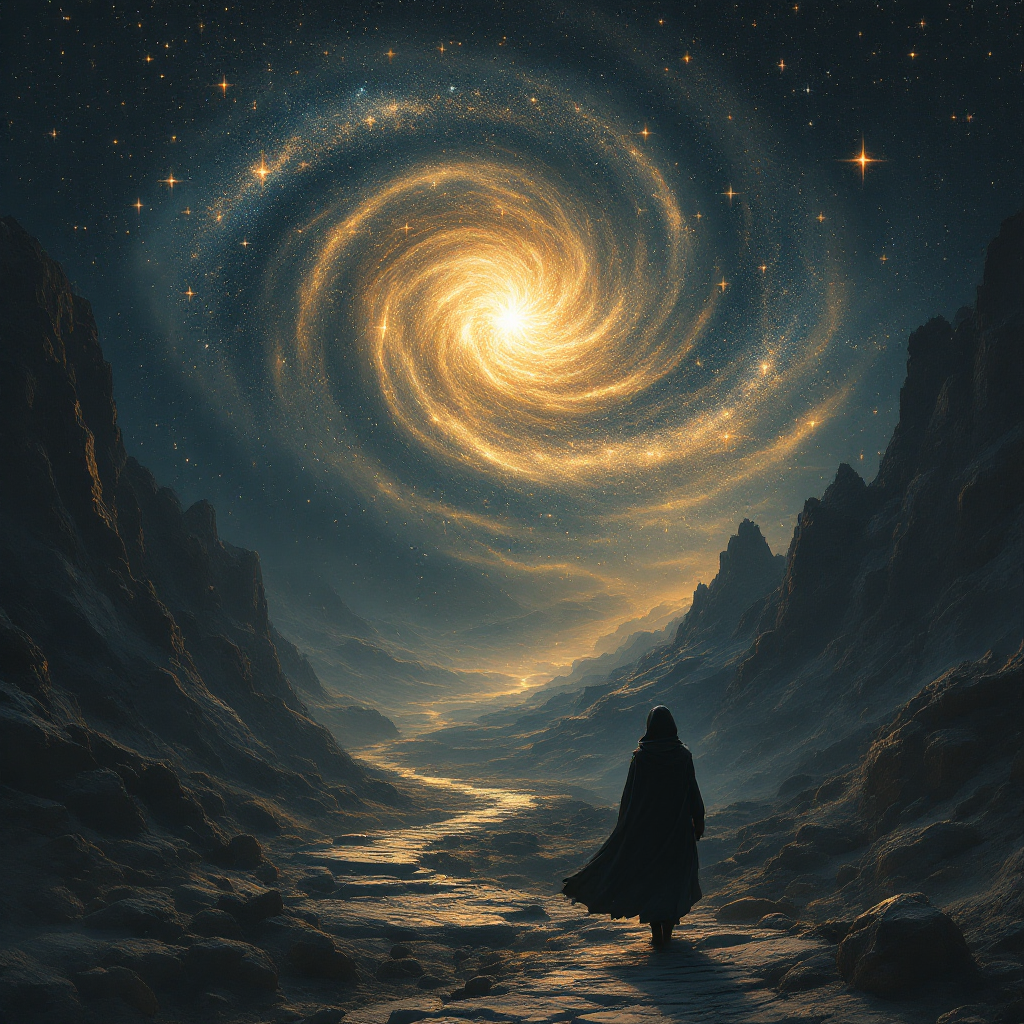 A cloaked figure stands on a winding path under a swirling galaxy, symbolizing bravery and guidance, echoing the quote about stars illuminating one's journey.