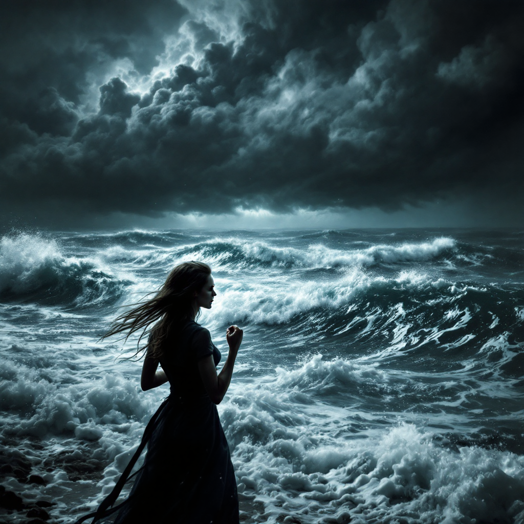 A silhouette of a woman in a flowing dress stands against a tumultuous sea under dark, stormy skies, embodying the quote about the dangers of anger and emotion.