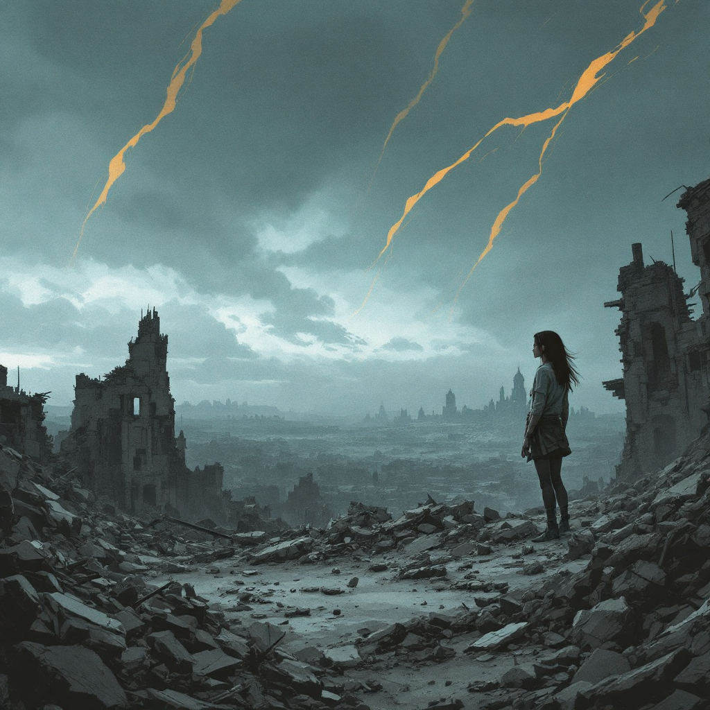 A lone figure stands amidst the ruins of a devastated landscape, under a darkening sky, embodying the concept of a war of ideas beyond mere victory or defeat.