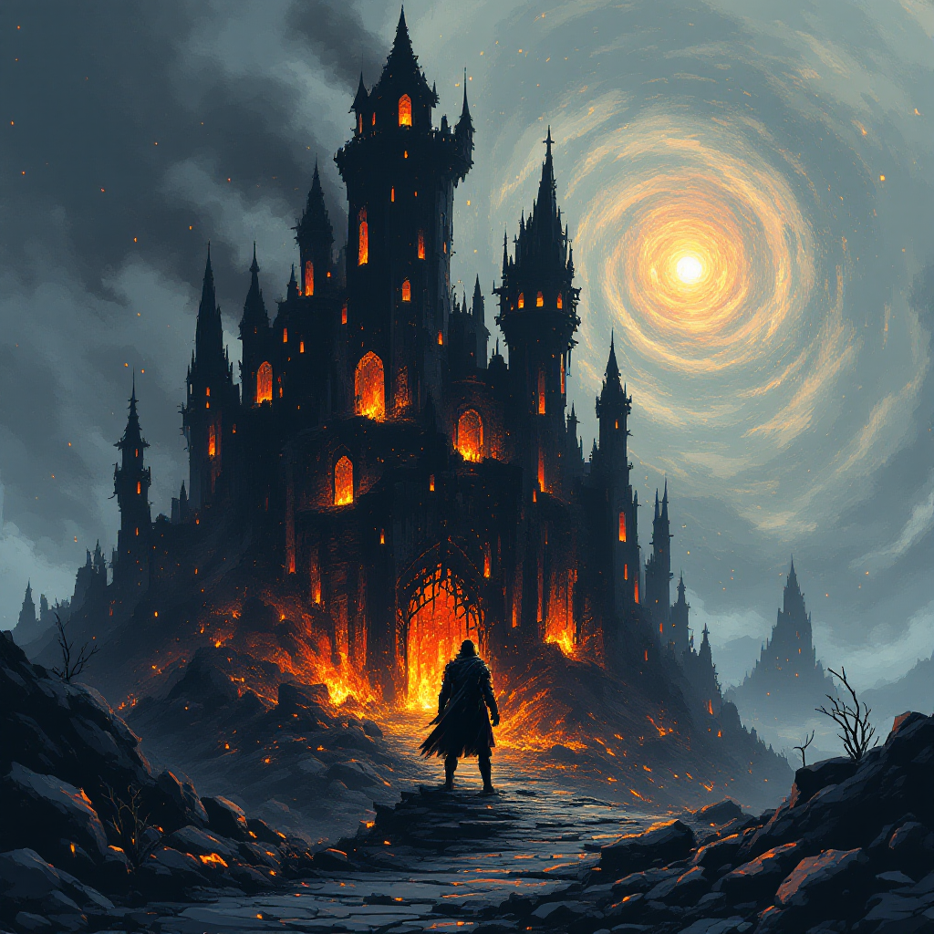 A dark, imposing castle burns under a swirling sky, with a lone figure standing in front, evoking tales of stolen princesses and epic adventures.