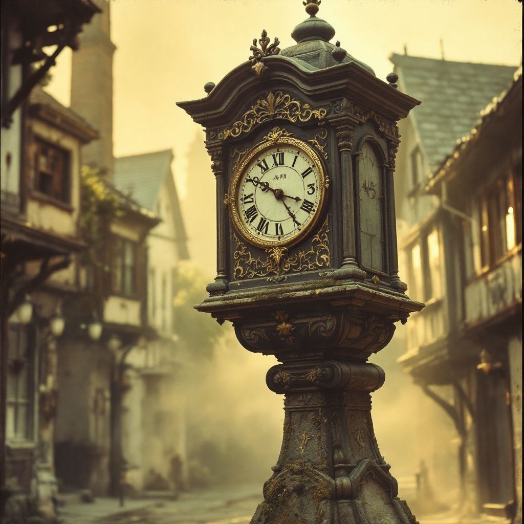 A vintage clock stands in the foreground of a misty, quaint street, reflecting the theme of the past's significance from the quote, In this world, all that matters is the past.