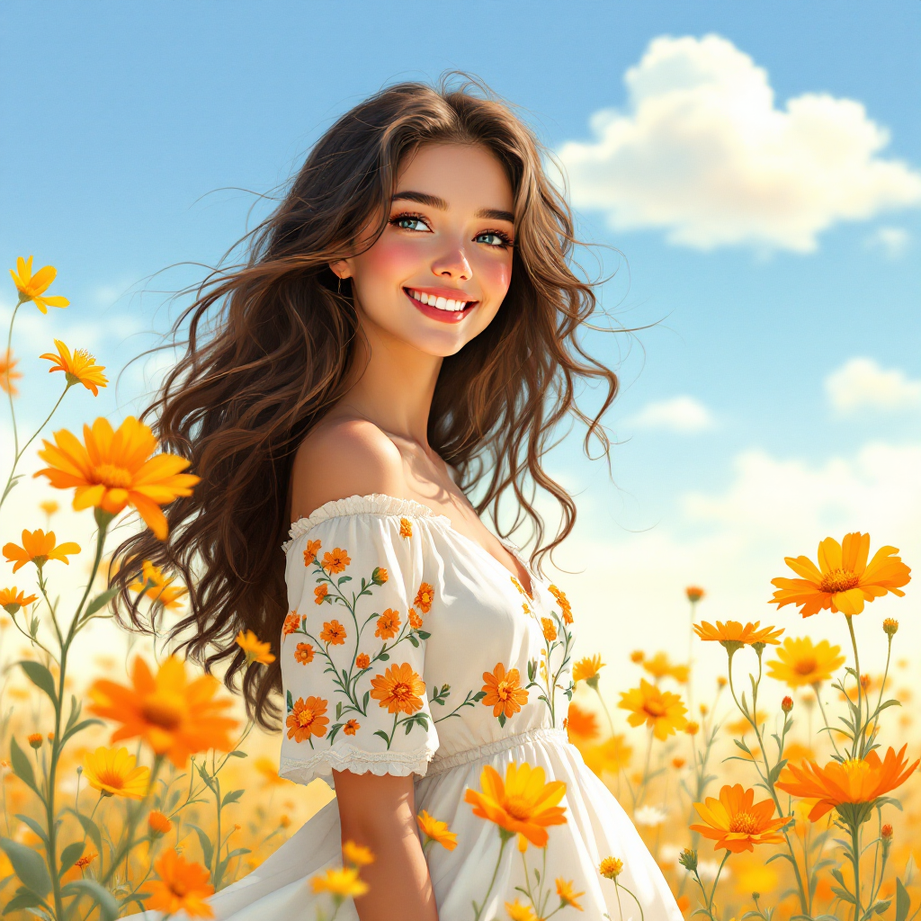 A young woman in a white dress adorned with flowers smiles brightly amid a vibrant field of yellow flowers under a sunny blue sky, embodying the uplifting spirit of a heartfelt compliment.