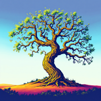 A stylized tree with twisting branches and vibrant green leaves stands against a colorful sky, embodying the idea that evolution is a complex, intertwining journey.