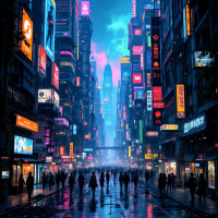 A vibrant cityscape at night, filled with neon lights and bustling crowds, reflecting a world divided between the engaged and the apathetic, as quoted in the book.