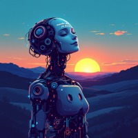 A robot with intricate circuits gazes peacefully at a vibrant sunset over mountains, embodying the quote about balancing desire and self-worth.