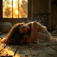 A young woman curls up on a wooden floor, eyes closed, enveloped in warm light as dust particles dance around her, expressing a deep sense of vulnerability and longing to sob.