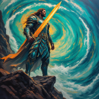 A brave warrior stands on rocky terrain, wielding a golden sword against a turbulent swirl of blue and green, embodying loyalty as an act of bravery amid danger.