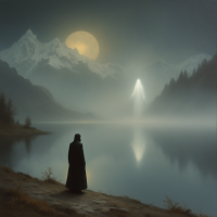 A lone figure stands by a misty lake, gazing at a ghostly light against a backdrop of mountains and a large moon, evoking reflections on life and the ethical implications of resurrection.