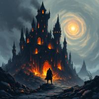 A dark, imposing castle burns under a swirling sky, with a lone figure standing in front, evoking tales of stolen princesses and epic adventures.