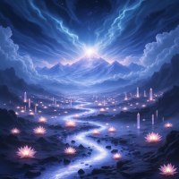 A mystical landscape with a winding river illuminated by glowing lotus flowers, surrounded by mountains under a vibrant, cloudy sky filled with ethereal light.