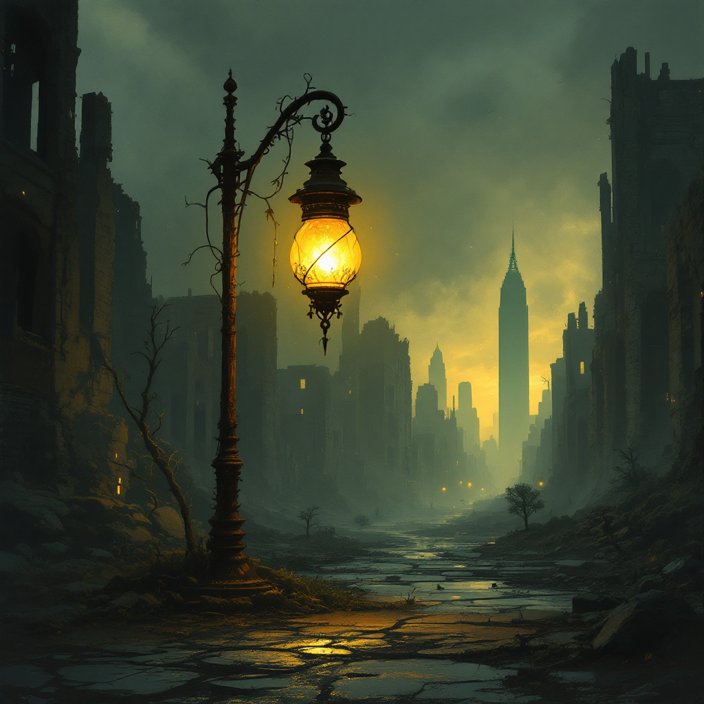 A glowing streetlamp illuminates a desolate urban landscape at dusk, evoking the quote about finding light in dark places amid crumbling buildings and a distant skyline.