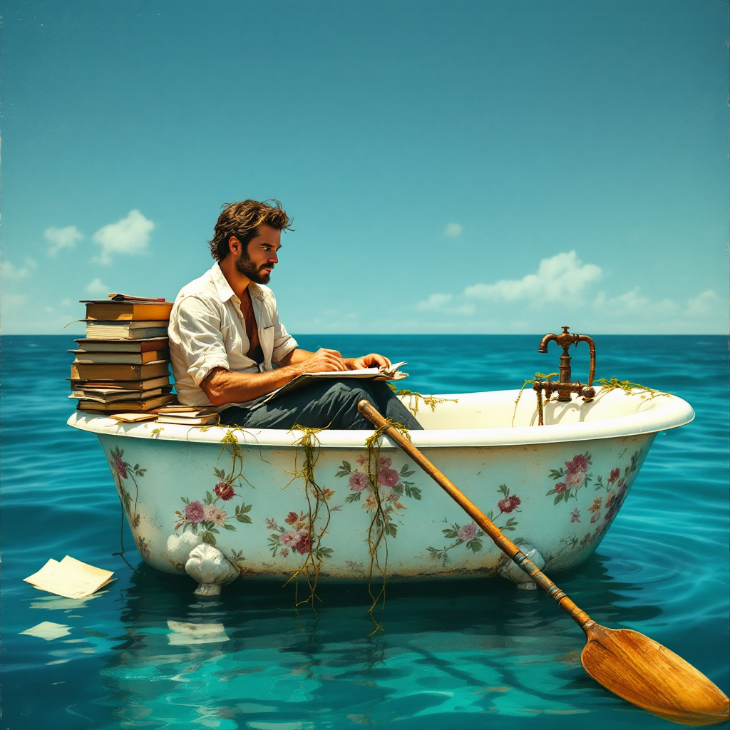 A man rows a floral bathtub across a vast turquoise ocean, surrounded by books, embodying the quote about the challenges of being a writer.