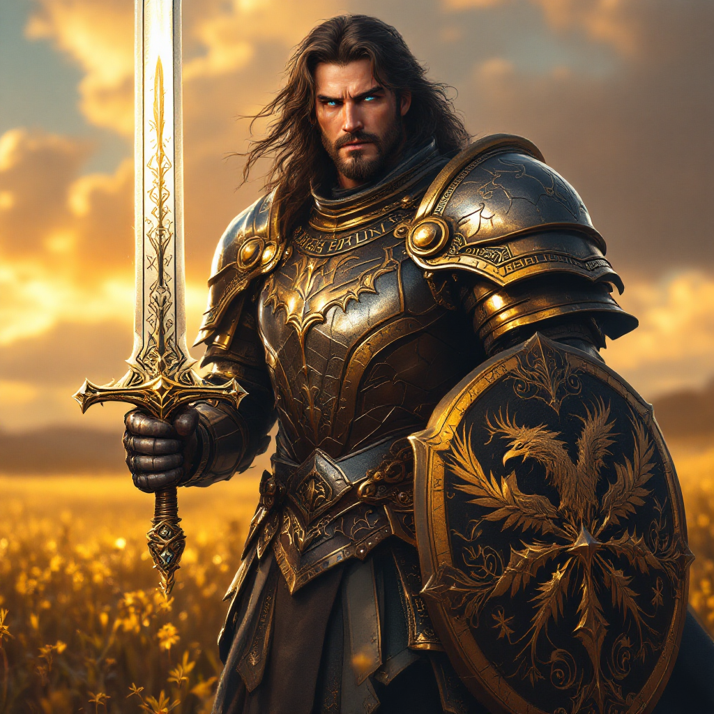 A strong warrior in ornate armor stands confidently in a golden field, wielding a shimmering sword and shield, embodying the complexity of glory and doom from the quote.