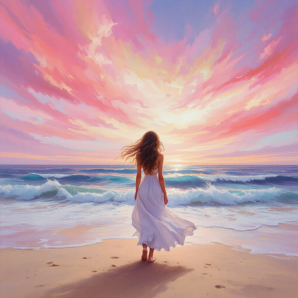 A woman in a flowing white dress stands on a beach, gazing at a vibrant sunset with pink and orange clouds, lost in thought as waves lap gently at the shore.