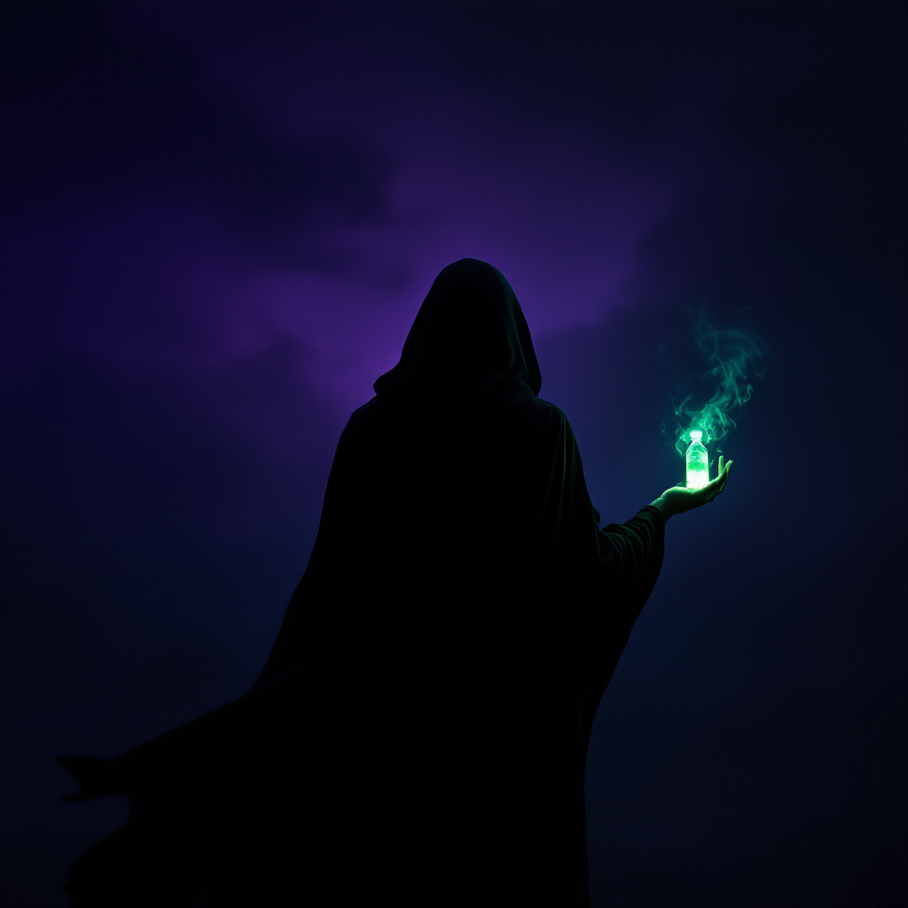 A cloaked figure stands silhouetted against a stormy purple sky, holding a glowing green vial, embodying the bitter truth of betrayal from those we trust.