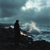 A figure stands on rocky shorelines, gazing towards tumultuous waves under a stormy sky, embodying the essence of the quote: In the end? Nothing ends, Adrian. Nothing ever ends.