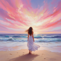 A woman in a flowing white dress stands on a beach, gazing at a vibrant sunset with pink and orange clouds, lost in thought as waves lap gently at the shore.