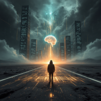 A solitary figure stands on a glowing pathway, facing towering monoliths under an ominous sky, as a luminous brain emerges above, symbolizing the flow and processing of data in the universe.