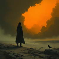 A figure stands alone on a desolate shore, facing an orange-tinged sky framed by dark clouds, evoking the essence of the quote, The past isn’t good or bad; it just is.