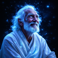 An elderly man with a glowing white beard gazes upwards, surrounded by shimmering stars, embodying the quote, It's not what you look at that matters, it's what you see.